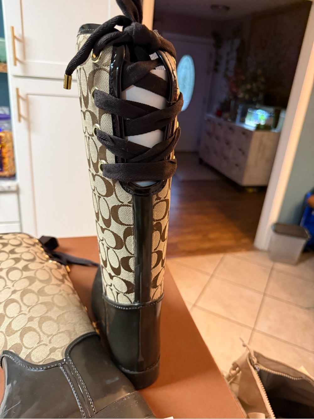 Coach Brown Khaki Signature Pattern Rain Boots - Picture 3 of 6